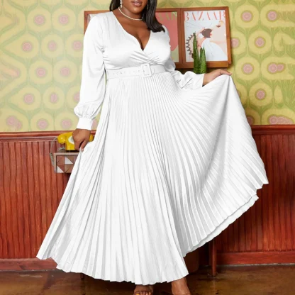 V-Neck Plus Size White Dress with Belt