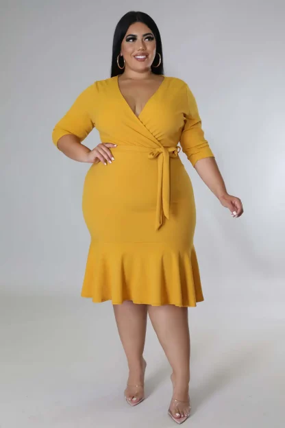 Solid V-Neck Ruffle Plus Size White Dress - Image 2