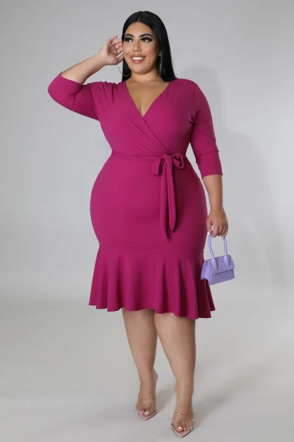 Solid V-Neck Ruffle Plus Size White Dress - Image 3