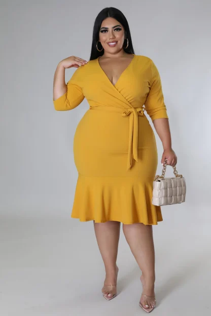 Solid V-Neck Ruffle Plus Size White Dress - Image 5