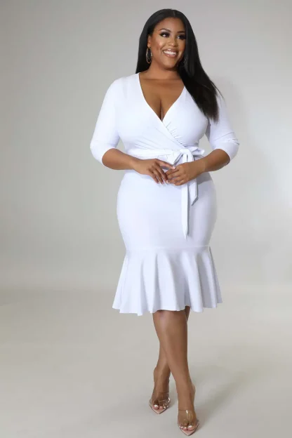 Solid V-Neck Ruffle Plus Size White Dress