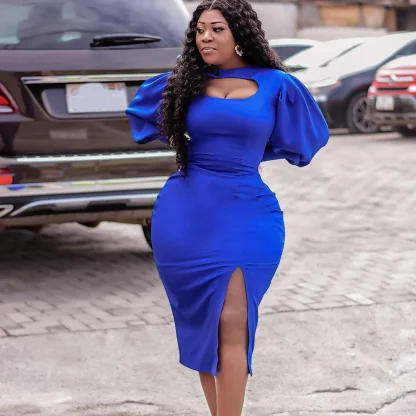 Puff Sleeve Plus Size White Split Dress - Image 2