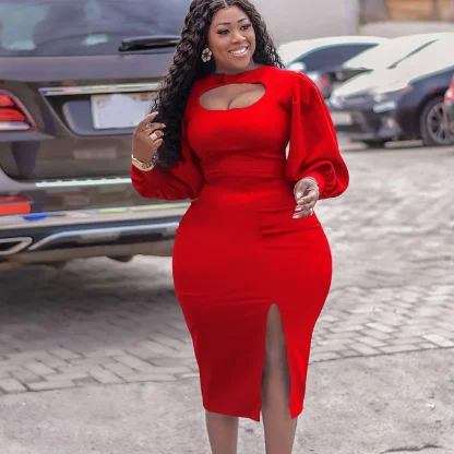 Puff Sleeve Plus Size White Split Dress - Image 3
