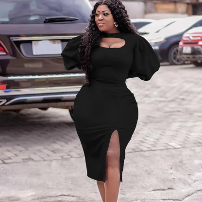 Puff Sleeve Plus Size White Split Dress - Image 4