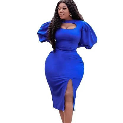 Puff Sleeve Plus Size White Split Dress - Image 5