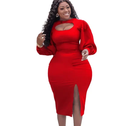 Puff Sleeve Plus Size White Split Dress - Image 6