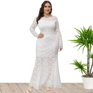 Lace Sleeved Plus  Size White Dress