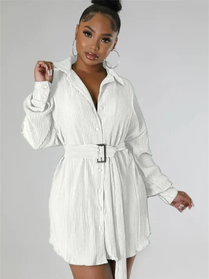 Ribbed Belted Plus Size White Dress