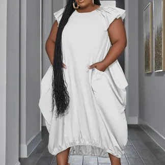 Loose Pockets Plus Size White Dress