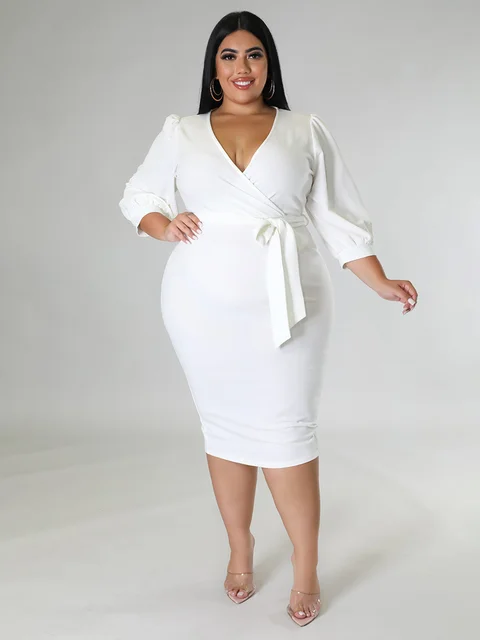 Wrap Plus Size White Midi Dress | Free Shipping!