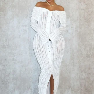 Off Shoulder Knit Plus Size White Dress